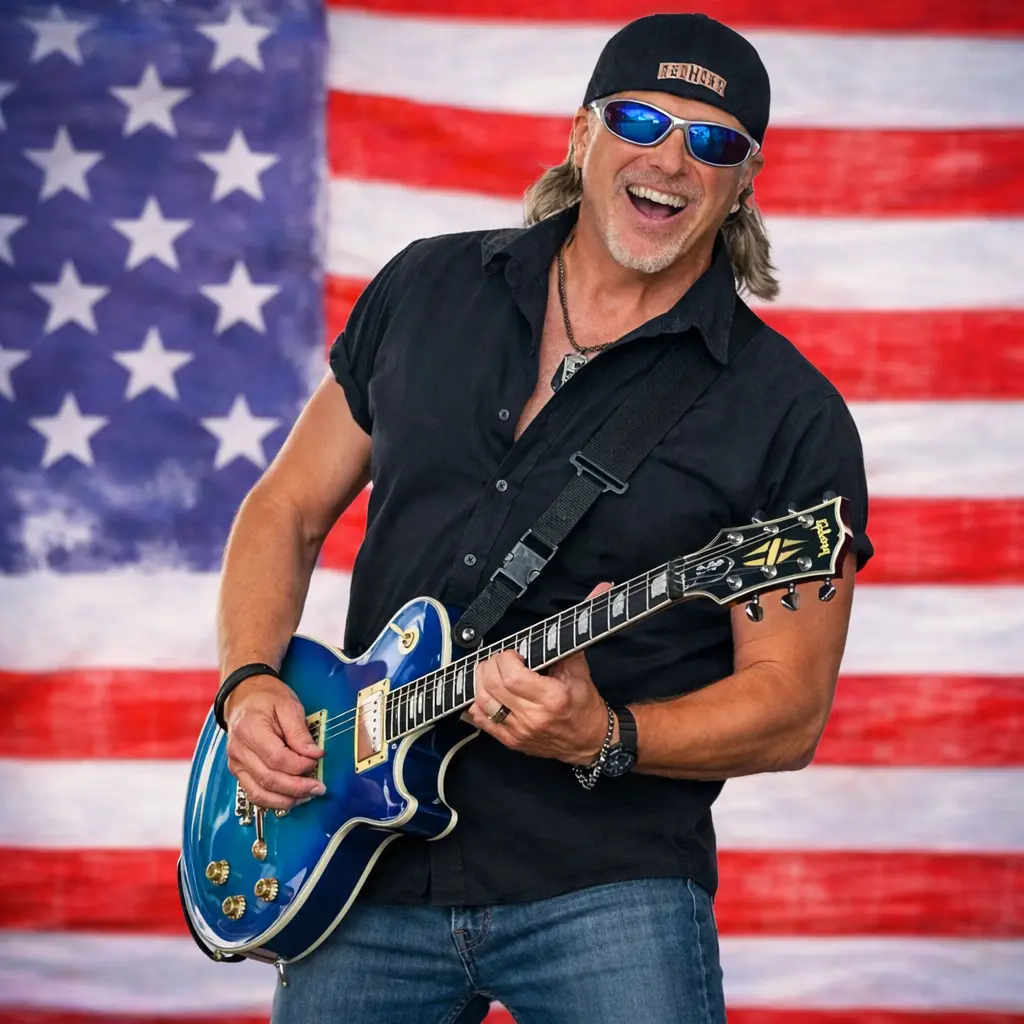 John McAfee holding a blue electric guitar in front of an American flag